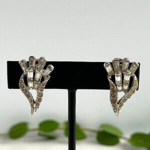 Art Deco Clear Rhinestone Clip-On Earrings With Baguette & Round Stones 1.25"